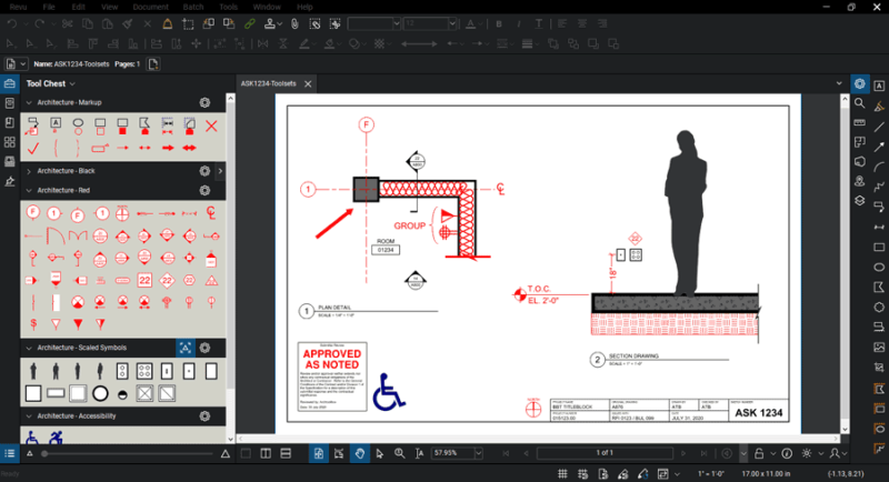 Screenshot of Bluebeam PDF editor with BBToolsets tools loaded