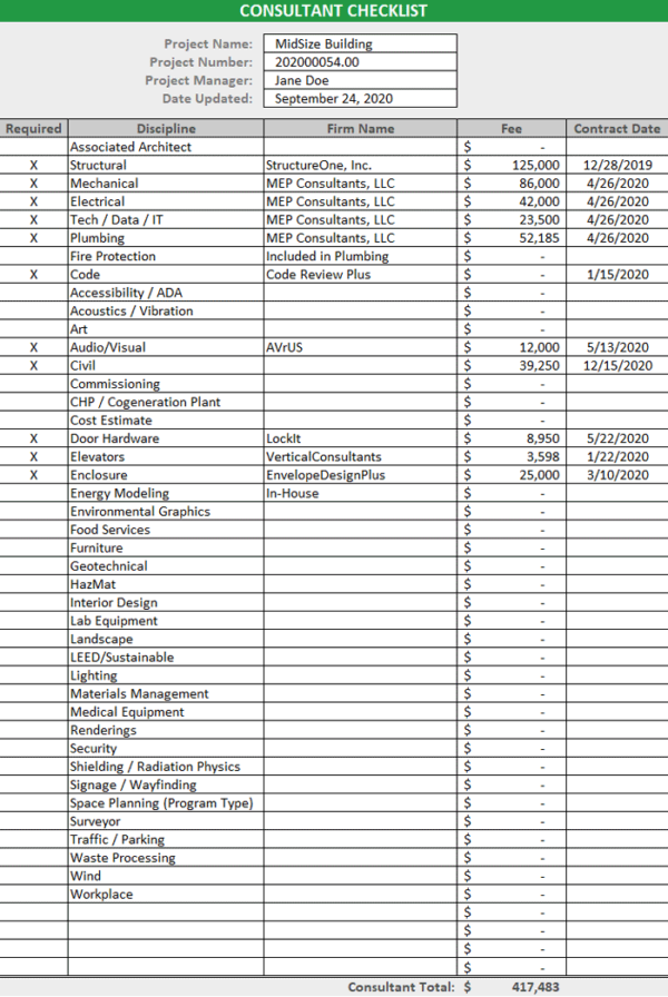 Spreadsheet for a consultant checklist